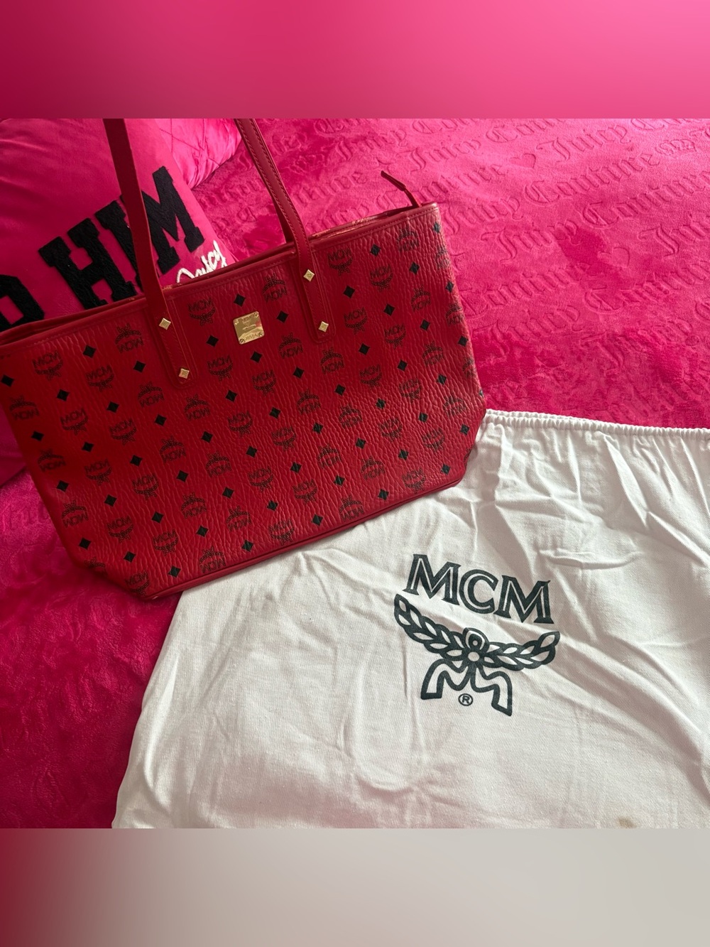 MCM Red Visetos Large Tote Bag Shopper